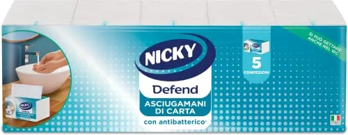 Nicky Defend Asciugamano con Antibatterico Monouso, 5 Confezioni da 100 Asciugamani a 2 Veli per Confezione, Morbido e Resistente, Rimuove Germi e Batteri, Carta 100% Pura Cellulosa Biodegradabile