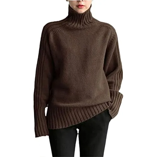 Maglione caldo di base del maglione del collo alto sciolto per le donne maglia morbida Solid Maglione Top, Marrone scuro, Taglia unica