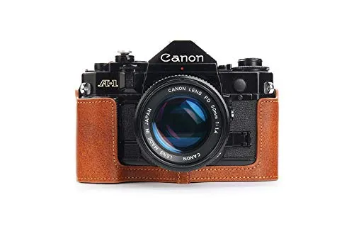 Zakao - Custodia per Canon New AE-1 AE-1P A-1 (con maniglia), realizzata a mano, in vera pelle, per fotocamera Canon New AE-1 AE-1P A-1 (con maniglia) con cinghia da polso (marrone)