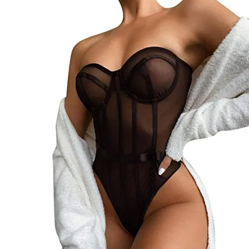 WangsCanis Intimo Sexy da Donna Pigiama Tuta Trasparente Senza Spalline Tuta a Tubo Top Corsetto Intimo San Valentino Notte Matrimonio (Nero, M)