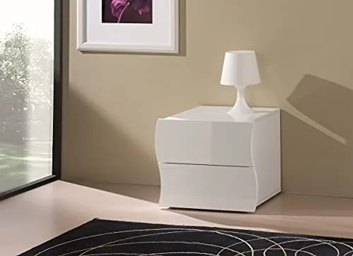 Dmora Comodino ondulato moderno a 2 cassetti, Made in Italy, Tavolino da notte, Mobiletto per camera da letto, cm 50x40h41, colore Bianco lucido