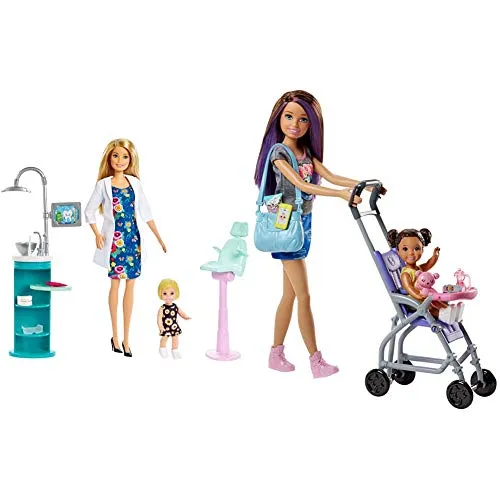 Barbie- Carriere Dentista Playset Con Due Bambole, Sedia Operatoria E Accessori, Fxp16 & Barbie Babysitter BebÈ E Passeggino Playset Con Bambola Skipper E Accessori