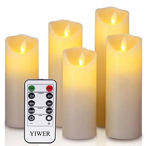 LED Candele Flameless Φ 5.5CM x H 12CM/15CM/17CM/20CM/22CM Set di 5 celle reali non in plastica telecomando a 10 tasti con 2/4/6/8 ore Funzione di timer 200 oreYIWER (5x1, Avorio)