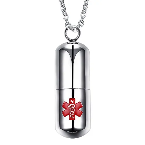 Oidea Collana Uomo Collana acciaio inox pendente pillola capsula Medical Alert ID medico argento