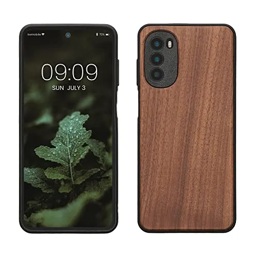 kwmobile Custodia Compatibile con Motorola Moto G52 / Moto G82 5G Cover - Protezione in Legno per Smartphone - Back Case con Bumper in Silicone TPU - marrone scuro