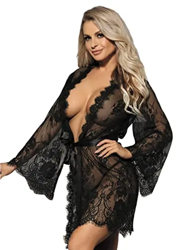 ohyeahlady Vestaglia Kimono Donna in Pizzo Corto Taglie Forti Camicia da Notte Babydoll Hot Pigiama Kimono con Cintura e Perizoma (Nero,3XL)