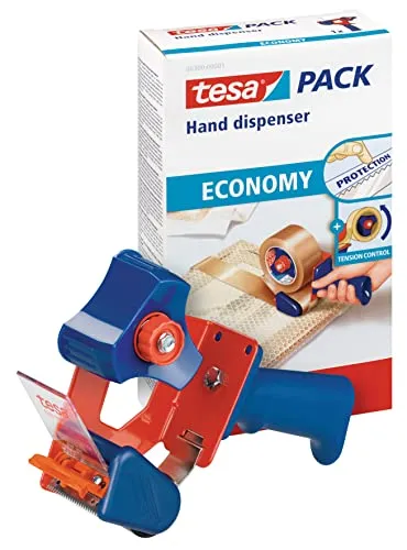 tesapack Dispenser Manuale Economy per Nastro da Imballaggio, Dispenser ergonomico portatile in metallo robusto, Per rotoli fino a 50 mm di larghezza, Colore: Blu e Rosso