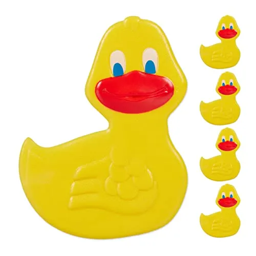 Relaxdays Adesivi Antiscivolo Doccia, Pad per Vasca da Bagno per Bambini, Set 5 Sticker a Anatra, con Ventose, Giallo, PVC