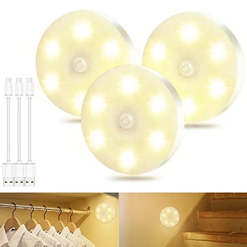 BENMA Luce Notturna con rilevatore movimento Luci Armadio Luce Notte con Sensore di Movimento, Luci Notturne USB Ricaricabile LED Lampada Armadio con Striscia Magnetica Adesiva, Bianco caldo(3 Pezzi)