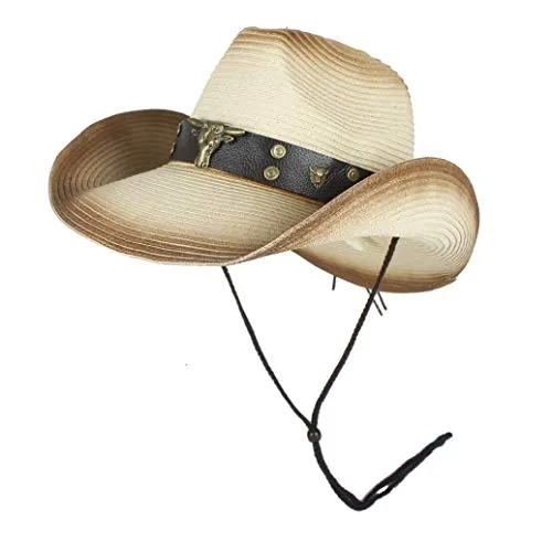 S*women's hat Ombra Cappello da Donna con Cappello di Paglia con Perline in Piuma di Piume Cappello da Cowboy for Cappello da Cowboy for Gli Uomini Elegante (Colore : Beige, Dimensione : 56-58)