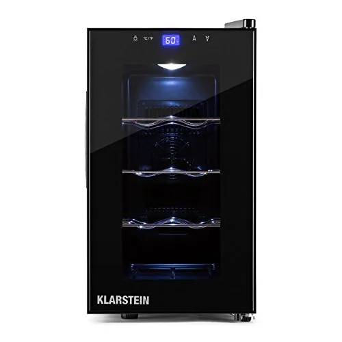 KLARSTEIN Reserva Piccola - Cantinetta, Minifrigo Vino, 3 Ripiani, 25 Litri, 8 Bottiglie, Sportello con Vetro a Specchio, Illuminazione Interna LED, Colore Nero