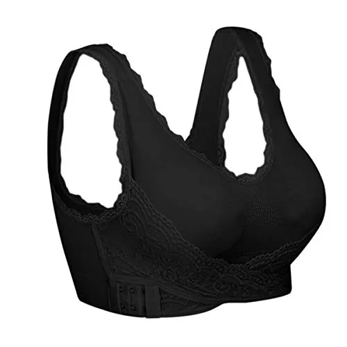 iClosam Reggiseno Senza Ferretto, Reggiseno Bra Pizzo Fibbia Laterale Anteriore con Imbottito Rimovibili per Sport Yoga Quotidiano Nero