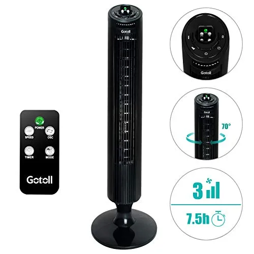 Gotoll Ventilatore a Torre con Telecomando,Ventilatori a Piantana 45W 84CM,Oscillazione 70°|3 Velocità|3 Modalità Operative|7.5H Timer