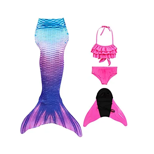 Shinyeagle 4 Pack Coda da Sirena Bambina Bikini Costume da Bagno,Costume da Principessa con Coda di Sirena, Include Bikini e Pinne a Sirena (130-140)