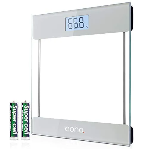 Amazon Brand – Eono Bilancia Pesapersone Digitale, con sensori ad alta precisione e vetro temperato ultrasottile,display retroilluminato, peso in kg/lb/st