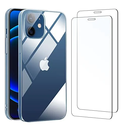 NEW'C Cover per iPhone 12 e 12 Pro Gel TPU in silicone custodia ultra trasparente e 2× vetro temperato per iPhone 12 e 12 Pro, Pellicola proteggi schermo