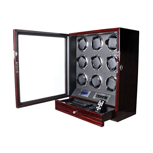 HFJ&YIE&H 9 Orologi Automatici Guarda Winder Box con Retroilluminazione A LED,Telecomando,Display LCD E Orologi di Legno Scatola di Immagazzinaggio per Orologi A Carica Automatica