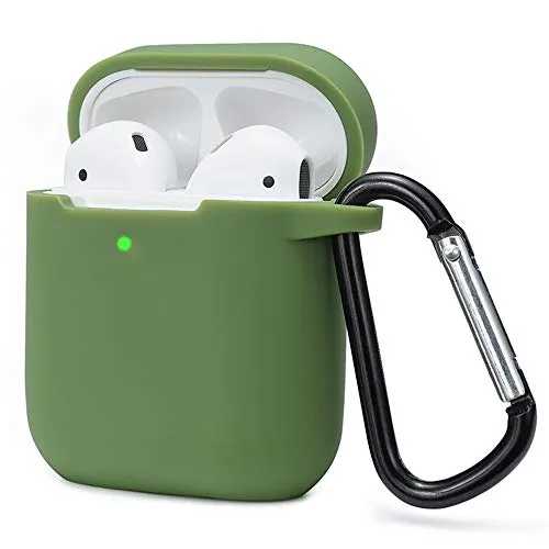 KOKOKA Custodia in Silicone da Appendere Compatiblile con AirPods 2 & 1, Custodia Protettiva per AirPods, Airpods Case Cover LED Anteriore Visibile Moschettone Portachiavi, Grass Green