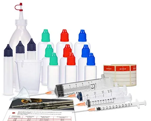 Set di bottiglie contagocce, set di base con bottiglia di miscelazione, bottiglie di liquido (bottiglie vuote), siringhe dosatrici, misurino e imbuto per la miscelazione, liquido di miscelazione.