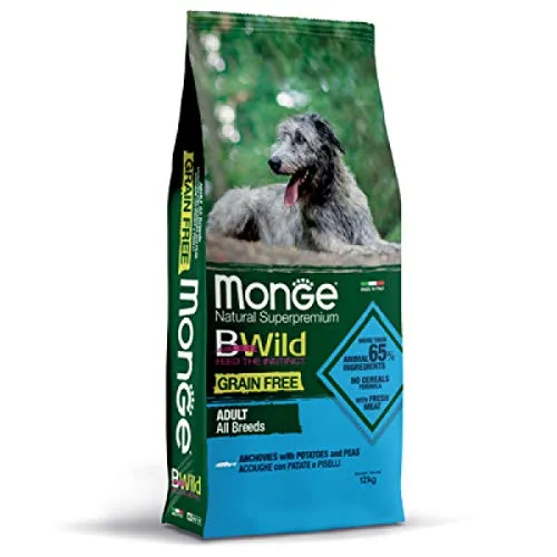 MONGE GRAIN FREE ADULT 12 KG (ACCIUGHE, PATATE E PISELLI) - Crocchette Super Premium alle Acciughe per cani adulti, monoproteico, naturale al 100%