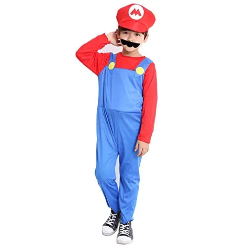 RenKeAi Adulti Bambini Super Mario Luigi Bros Idraulico Fratelli Fancy Dress Outfit Costume Cappello + Pantaloni + Barba - Set di Costumi per Bambini