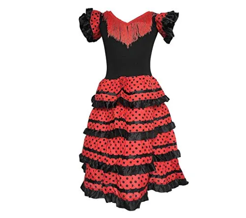 La Senorita vestito Flamenco spagnolo/Costume - per ragazza/bambini nero/rosso Taglia 10, 128-134 lunghezza 85cm 8/9 anni
