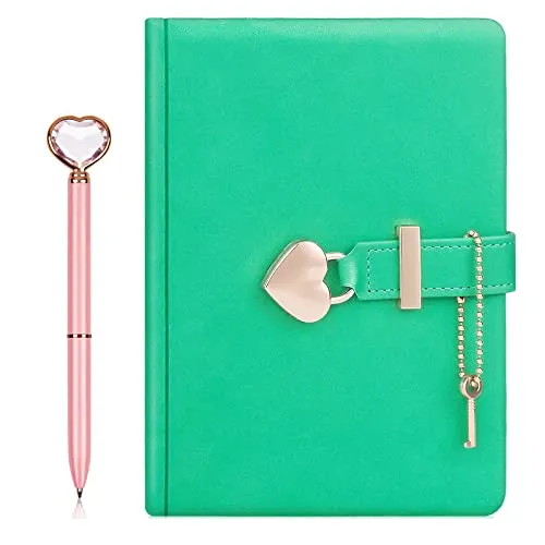 Diario con serratura e chiave, con penna a forma di cuore, formato A5, con lucchetto a cuore, in pelle PU, richiudibile, regalo di compleanno per ragazze (verde, B6 (18 x 13,5 cm)