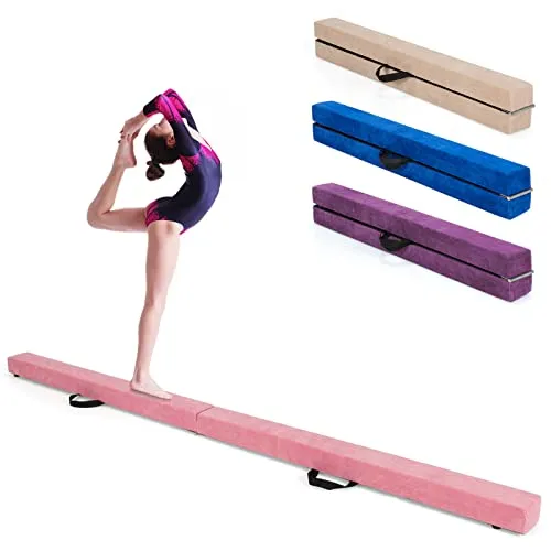 GOPLUS Trave da Ginnastica Equilibrio Pieghevole a 2 Strati, Legno di Pino Copertura Flanella, Fascio Ginnastica, Ideale per Allenamento in Palestra&Casa, Parte Collegata in Acciaio 210x10x6,5cm（ROSA）