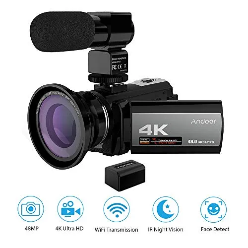 Andoer Videocamera 4K digitale Video Camera HDV-214K 16X Zoom digitale schermo LCD 3.0 24MP Visione notturna Microfono 0.39X Obiettivo grandangolare con una batteria ricaricabile 2500mAh