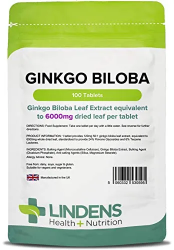 Lindens Ginkgo Biloba 6000mg COMPRESSE CONFEZIONE DA 100 UK produttore adatto per vegani e vegetariani