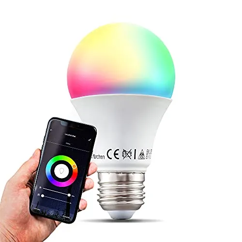 B.K.Licht Lampadina LED smart RGB E27, luce calda fredda colorata, dimmerabile con App smartphone, adatta al controllo vocale, lampadina Wi-Fi, 9W 806Lm, attacco grande E27