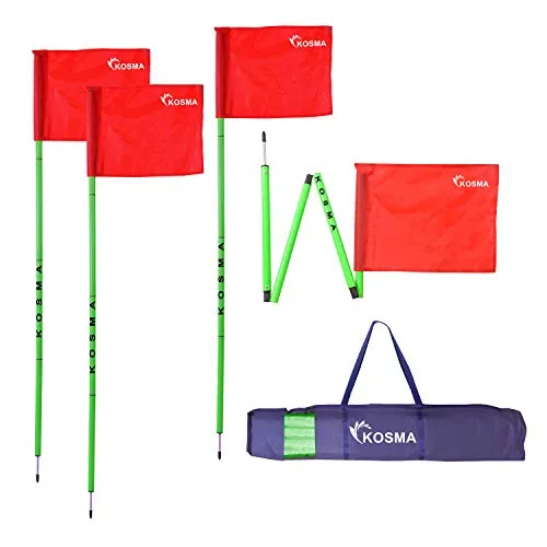 Kosma Set di 4 bandierine angolari pieghevoli | Bastone pieghevole per allenamento calcio | Dimensioni: 5 m x 25 mm – Flourecent Green Pole con punta in metallo e bandiera rossa