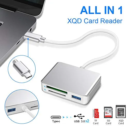 【Versione aggiornata】XQD/SD Lettore di schede, adattatore per scheda USB C 3.0 per XQD, scheda SD/TF, per laptop e dispositivo di tipo C con funzione USB C OTG, supporto sistema Windows/Mac OS