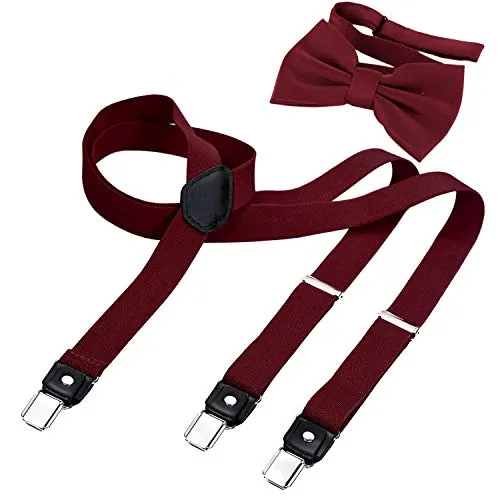 DonDon Bretelle Uomo larghezza 2,5 cm a Y elastiche e regolabili in 2er set con papillon coordinato 12 x 6 cm - Rosso scuro