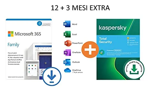 Microsoft 365 Family | Fino a 6 Persone | 12+3 Mesi |PC/Mac + Kaspersky Total Security 2021 |6 Dispositivi | 15 Mesi | Codice D'Attivazione Via Email