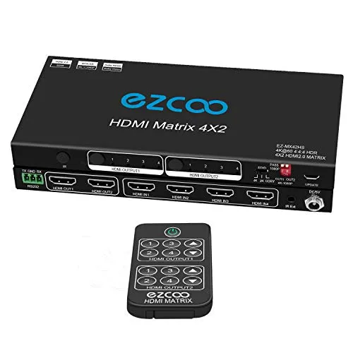 HDMI Matrix 4x2 4K 60Hz 4:4:4 HDR Vision Atmos 18Gbps with EDID Scaler Switch- HDMI Scale 4K 1080P,Firmware Upgrade HDCP 2.2 HDMI 2.0 Matrix 4 in 2 Out 18Gbps, RS232, IR Ext. Remote,Slim MX42HS