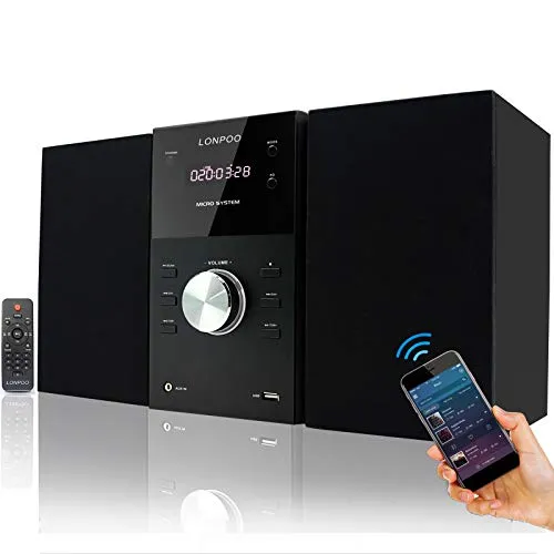 LONPOO Home Audio Sistema Micro Hi-Fi 30W, Stereo Compatto con Lettore CD MP3, Bluetooth, Radio FM, Ingresso USB/AUX-in, con Grande Display LED & Telecomando (nero)