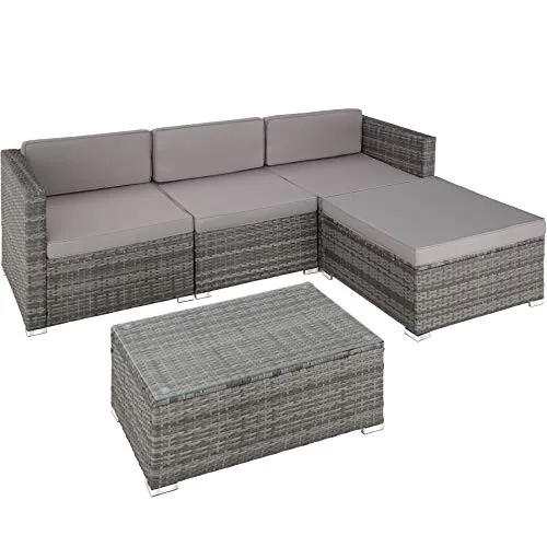 TecTake 800676 - Salottino in Rattan, 3 Poltrone, 1 Pouf, 1 Tavolo, Spessi Cuscini, Viti in Acciaio Inox - Disponibile in Diversi Colori (Grigio | No. 403070)