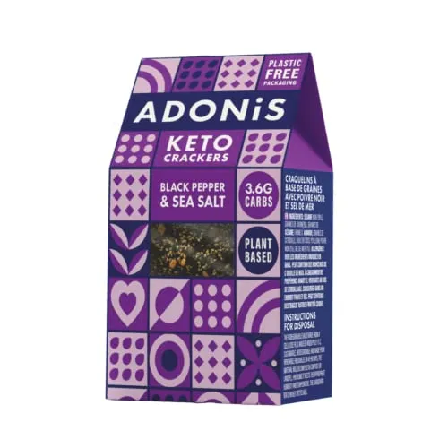 Cracker Proteici Adonis Keto al Pepe Nero & Sale Marino (confezione da 10 x 60g) | Vegano & Keto Friendly | 100% Naturale | Senza Glutine, Senza Zuccheri, Senza Olio di Palma, Senza Lattosio | Basso