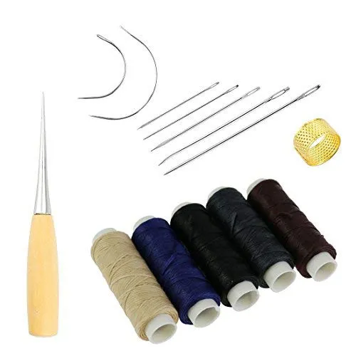14 pezzi aghi per cucire con cordino di cuoio cerato filo di perforazione gufo e ditale per la riparazione della pelle