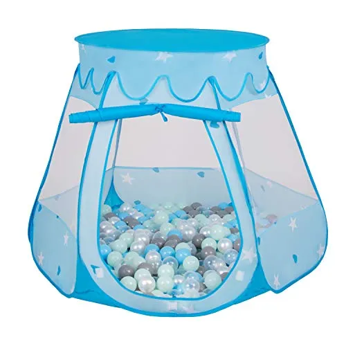 Selonis Tenda 105X90cm/300 Palline Castello Con Palline Colorate Per Bambini, Blu:Perla/Grigio/Trasparente/Azzurro/Menta