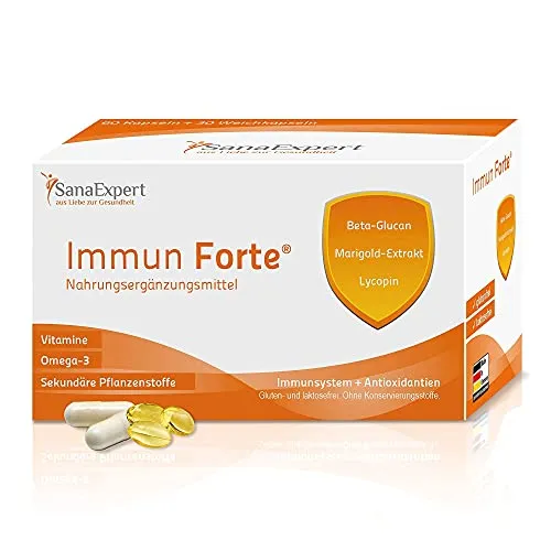 SanaExpert Immun Forte | VITAMINE PER RINFORZARE IL SISTEMA IMMUNITARIO | con omega-3, beta-glucano, estratto di calendula, licopene, luteina, vitamina C pura (90 capsule). Ingredienti 100% naturali.