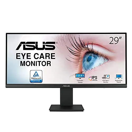 ASUS VP299CL Monitor 29”, Ultra Wide FHD (2560x1080), 75Hz, IPS, HDR-10 Tempo di Risposta 1ms, Free Sync, Adaptive Sync, Riduzione Luce Blu, Flicker Free, HDMI, VGA, Nero
