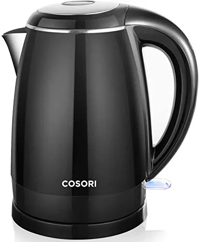 Cosori Bollitore Acqua Elettrico a Doppia Parete, Kettle Cordless 1,7L con Interno Acciaio Inox, Termostato Britannico Strix, LED Luce Blu, Protezione Ebollizione Secca, 2 Anni Garanzia, Nero