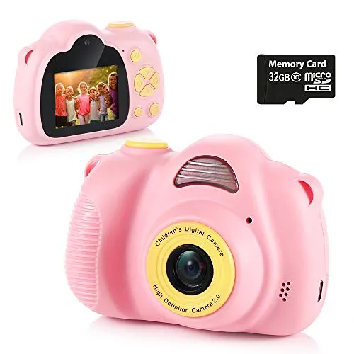 Fede Macchina Fotografica per Bambini con 32GB Carta TF Inclusa,Fotocamera Videocamera Digitale Portatile Obiettivo Doppio con Funzione Selfie,2.0 Pollici LCD,HD 8 MP/1080P per Bambine da 3 a 12 Anni
