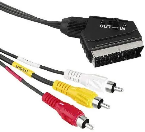 KnnX 28048 | Cavo SCART commutabile | Euroconector maschio a 3 x Phono RCA maschio | Lunghezza: 1 metro | Connettori tripli compositi: rosso, bianco, giallo
