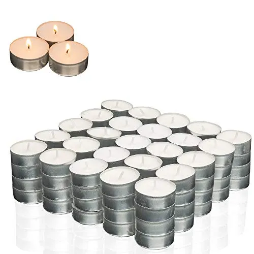 Candelo Set di 100 lumini di alta qualità Ambiente – 3,5 x 1,8 cm per ogni lumino – 4 ore di durata – candele in bianco senza profumo – Custodia in alluminio