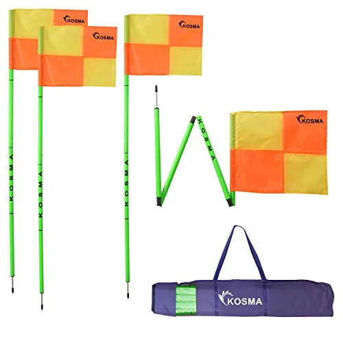 Kosma Set di 4 bandierine angolari pieghevoli | Palo pieghevole per allenamento di calcio – Dimensioni: 5 m x 25 mm – Flourecent Green Pole con punta in metallo e bandiere quadrante/giallo/arancio