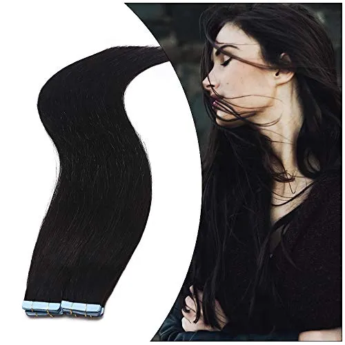 Elailite Extension Adesive Capelli Veri Biadesivo 20 Fasce Biadesive Remy Human Hair Neri Umani Tape Extensions Volumizzante 60g/Set, 30cm #1 Nero Forte