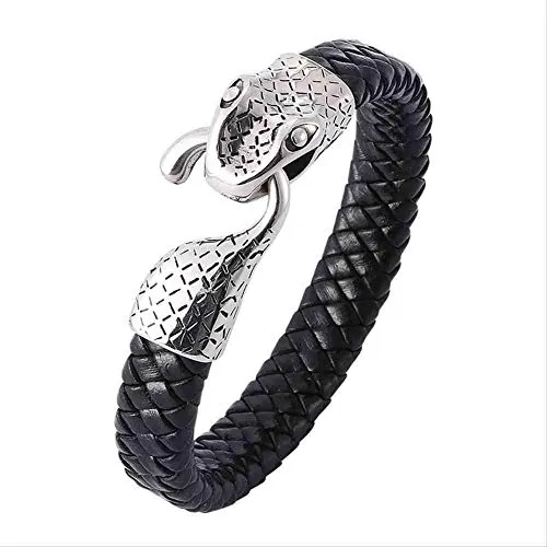 JYHW New Charm Men Braided Leather Bracelet Male Jewelry Stainless Steel Snake Shape Bracelet Punk Wristband Men Gifts Wearing Length 165mm Silver Color Buckle,Silver Color Buckle